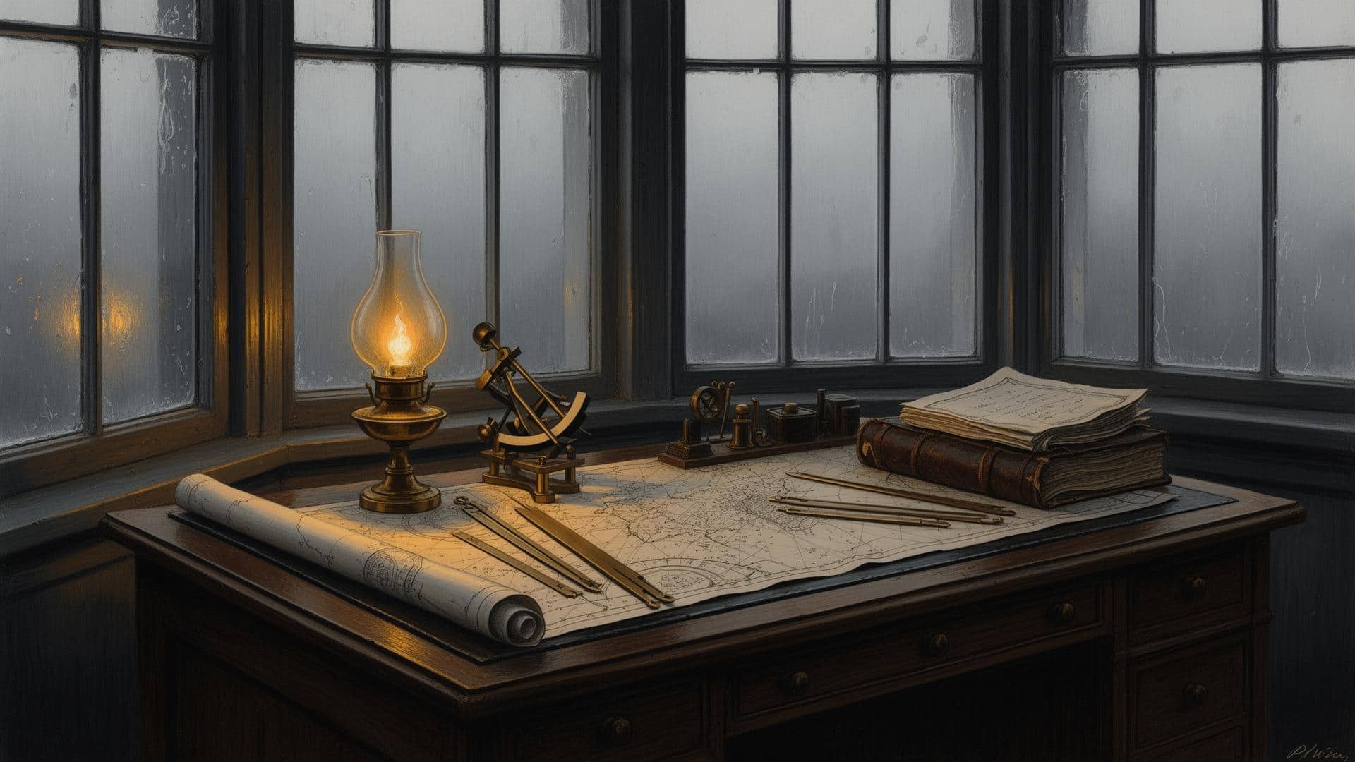 A ship's navigation room with charts, compass, and instruments